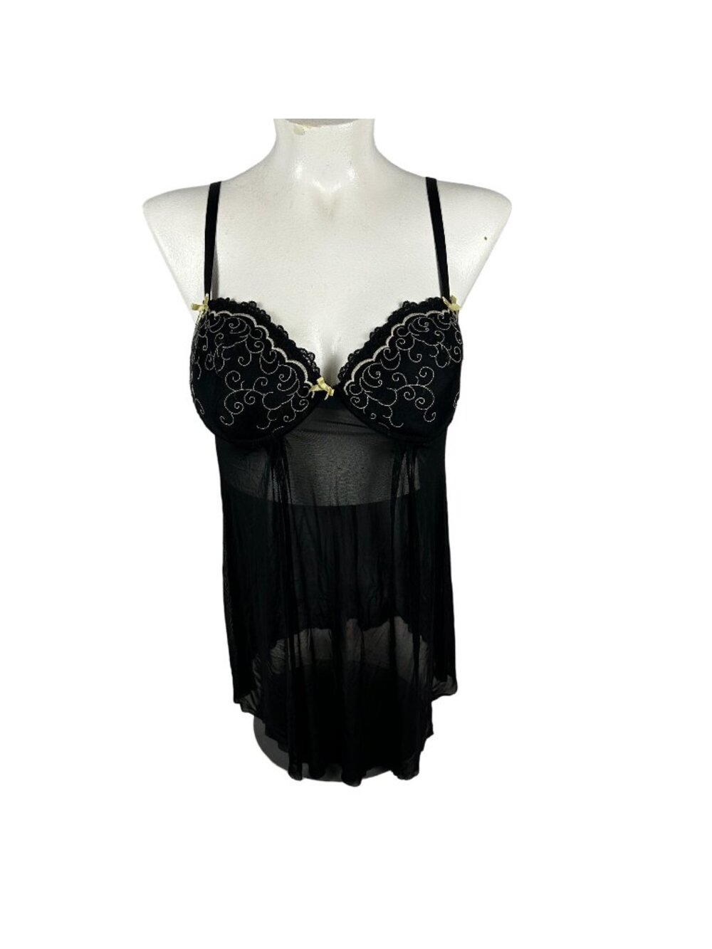 Skweez Couture By Jill Zarin Black Sheer Babydoll Lingerie With Embroidered Cups